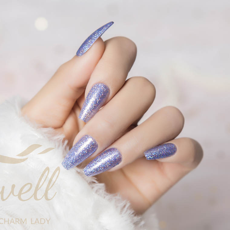 Easywell 28 pcs manufacture wholesale navy blue glitter design medium ballerina coffin press on artificial fingernails false nails