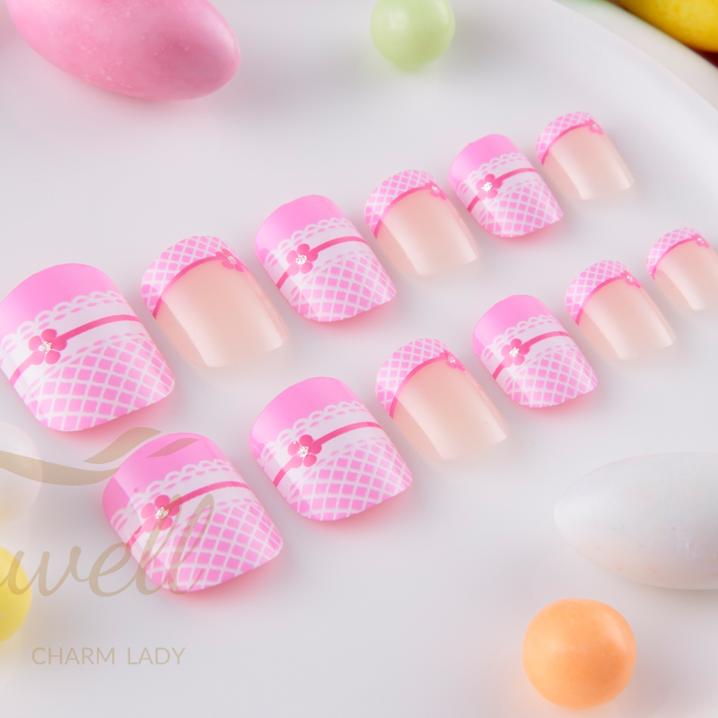 Children Nails Press On Pre-glue Full Cover Short Pink lovely nails